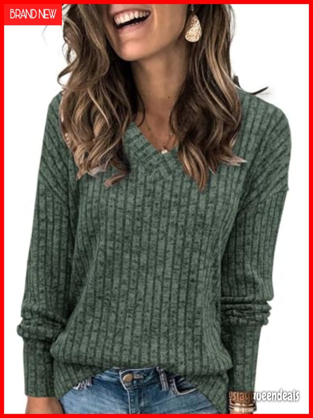 Womens Soft V Neck Long Sleeve Tunic Sweatshirt Pullover Loose Casual Fall